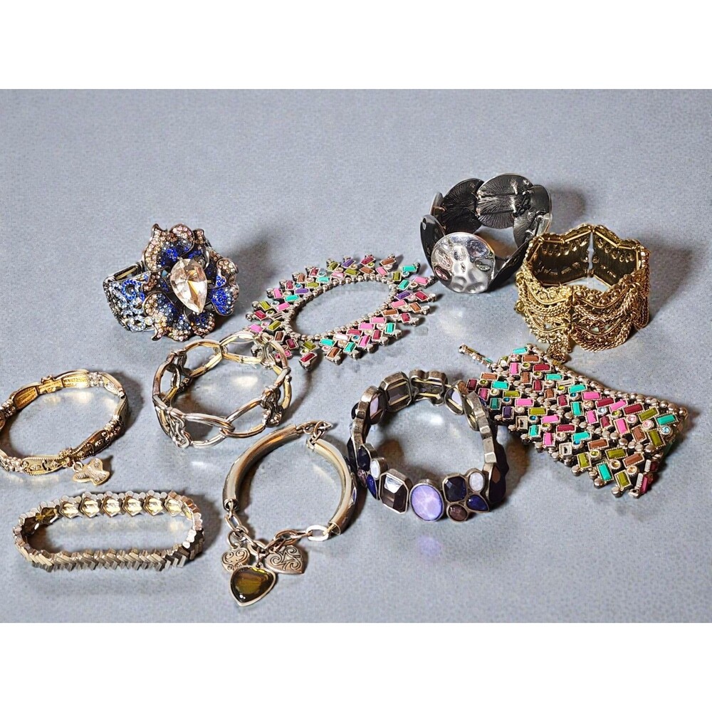 10 Pc Metal Stretch Bracelet Lot - Boho Enamel Crystal Statement Stack - Picture 2 of 7